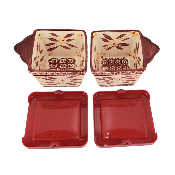 Temptations Set/2 Old World Cranberry Ramekins w/Lids Baking Ovenware Leftovers - Picture 3 of 11
